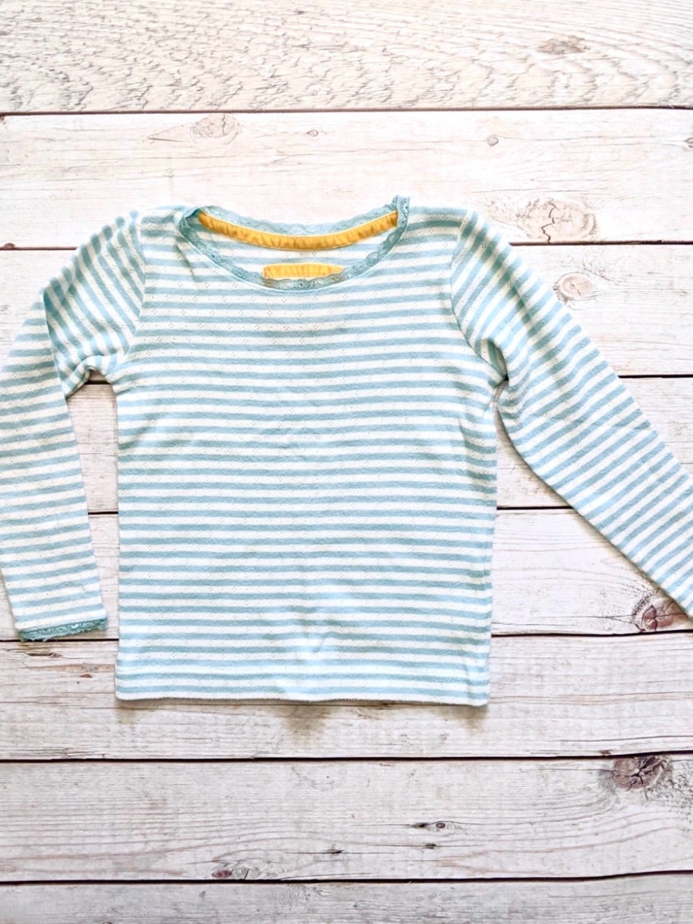 Mini Boden Light Blue & White Striped Pointelle Long-Sleeve Tee